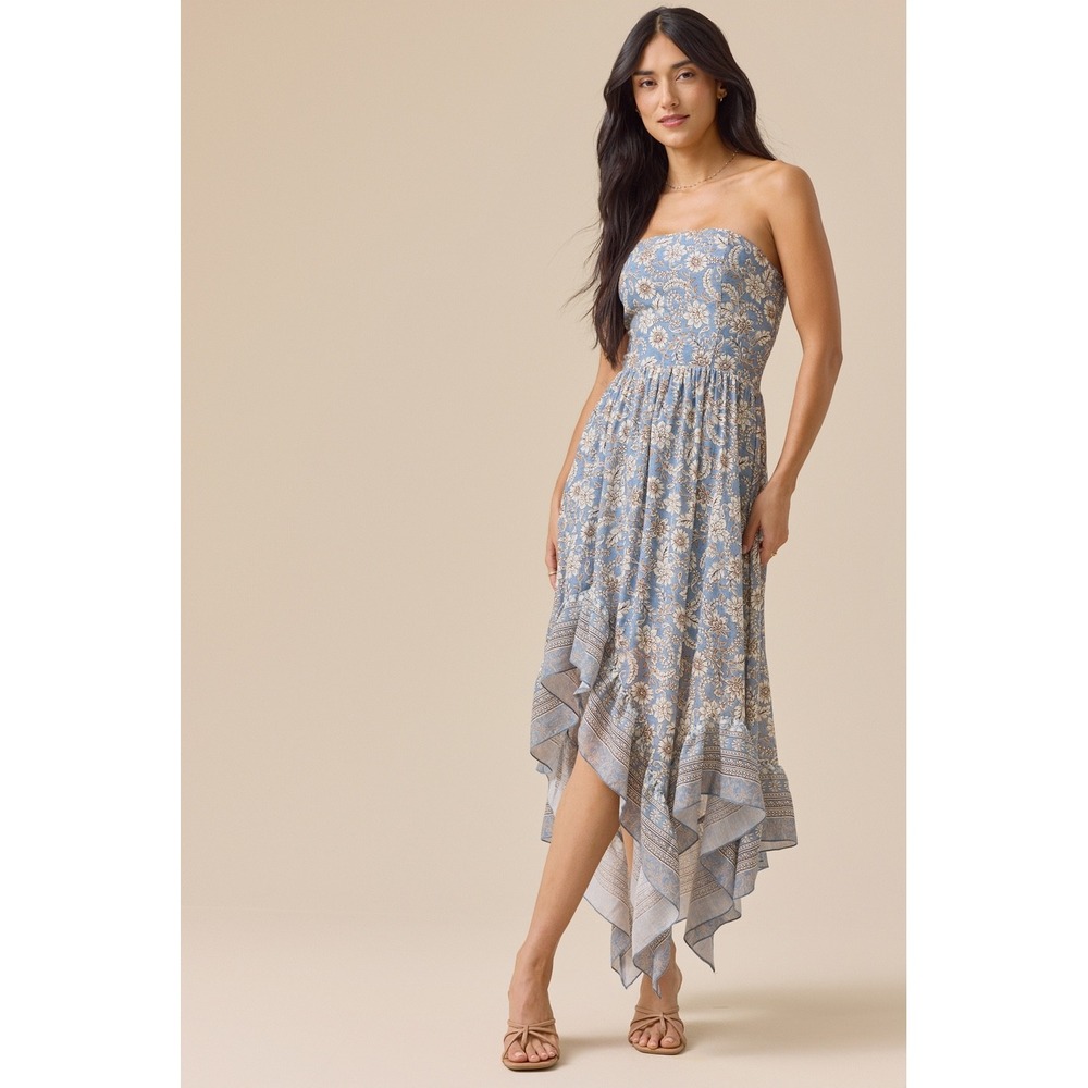 Altar'd State Strapless Floral Handkerchief Hem Midi Dress Size Medium